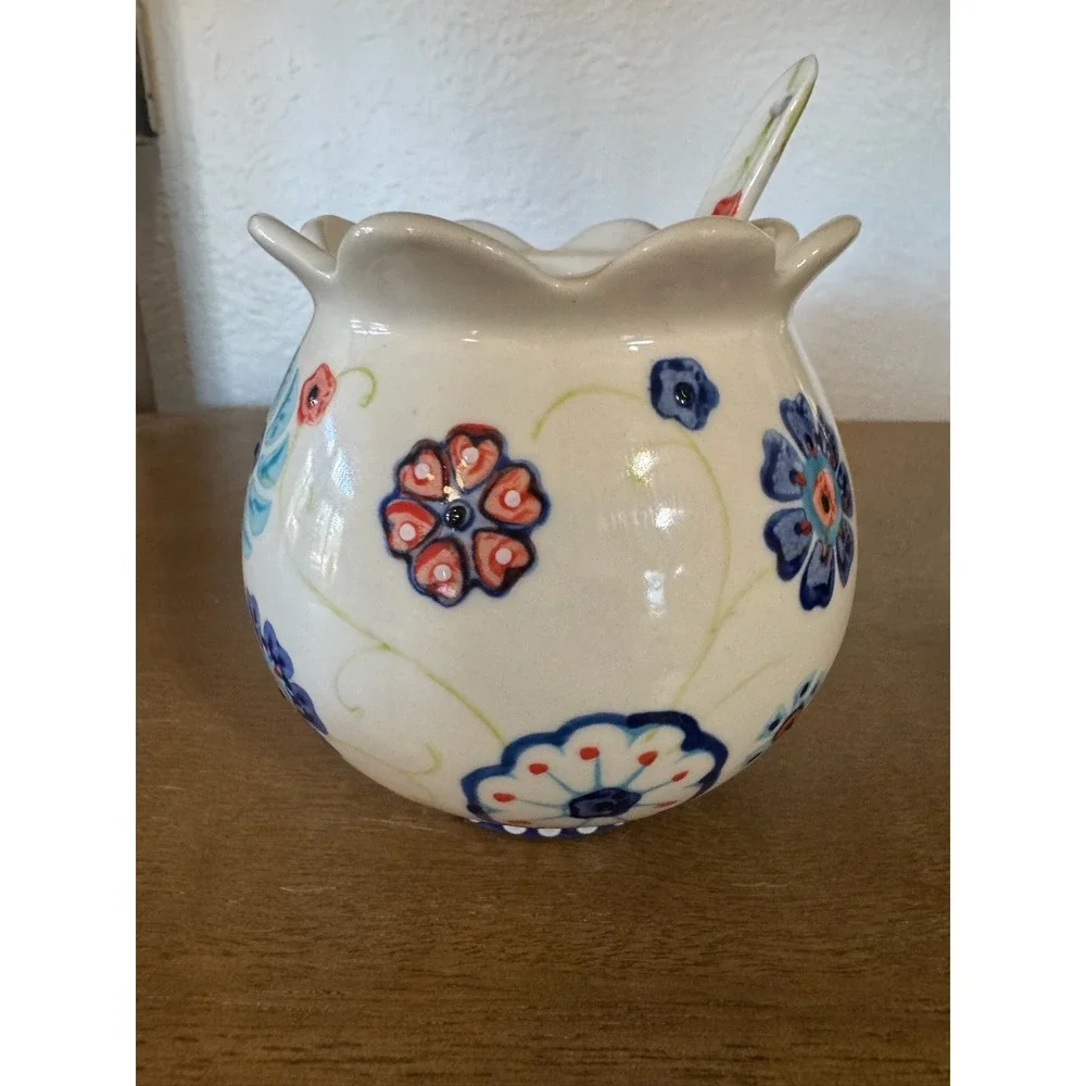 Anthropologie Floral Ceramic Sugar Bowl with Spoon NO LID Floral Design‎